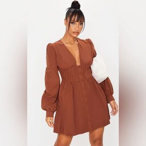Chocolate Button Front Fitted Puff Sleeve Skater Dress
